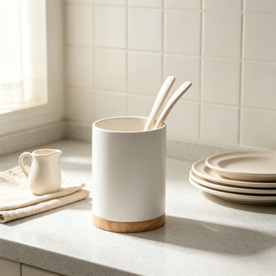 Porte-ustensiles de cuisine en céramique avec fond en bois, pot à ustensiles rustique pour ustensiles de cuisine et spatules, organisateur de comptoir, cadeau de pendaison de crémaillère
