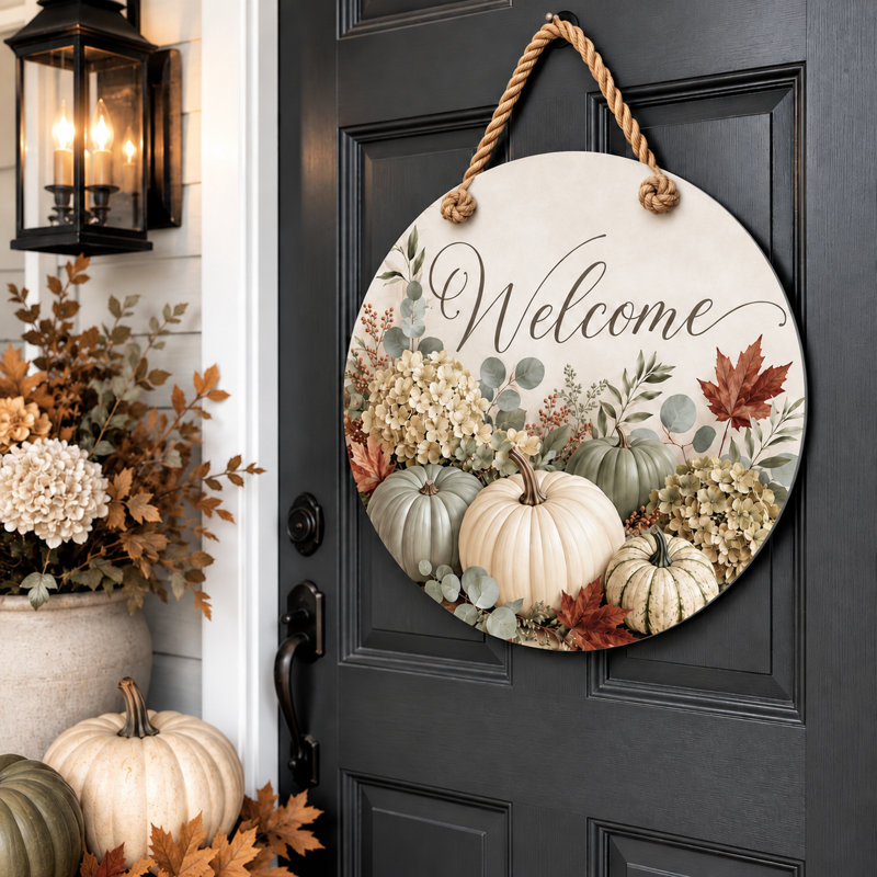 Décoration de porte ronde intérieure/extérieure « Bienvenue à l'automne » avec citrouille et hortensias