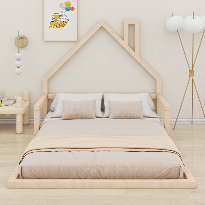 Lit en bois avec tête de lit en bois, Lit double , Naturel