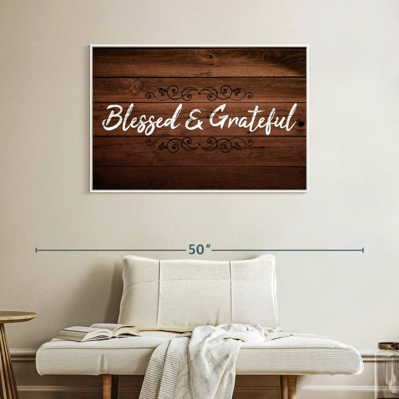 Bienheureux et reconnaissant, typographie I, Cadre flottant blanc, 40 po x 27 po