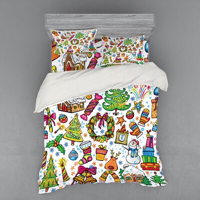 X-Mas Elements with Candies Snowman Fir Sweets Celebration Kids Nursery Duvet Cover Set -  Ambesonne, bsnev_20275_queen