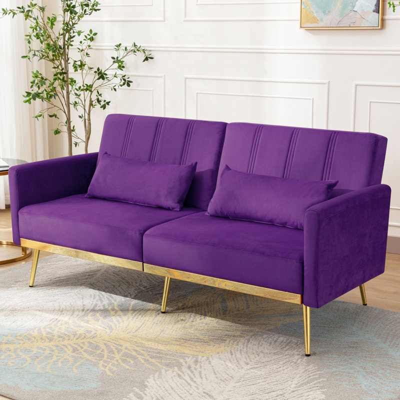 Isherwood 66‘’ Upholstered Velvet Adjustable Round Arm Covertible Sofa Bed, Purple