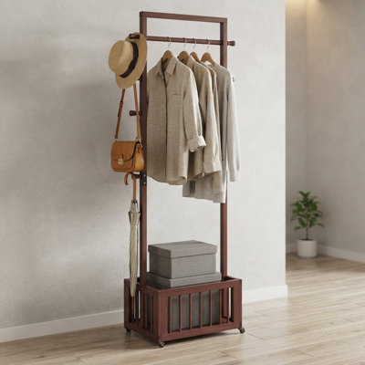 Solid Wood Freestanding Coat Rack with Rolling Wheels & Storage Basket