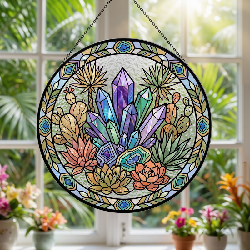 Panneau de vitrail de cristal succulent en cristal H H 12 po, H 12 po