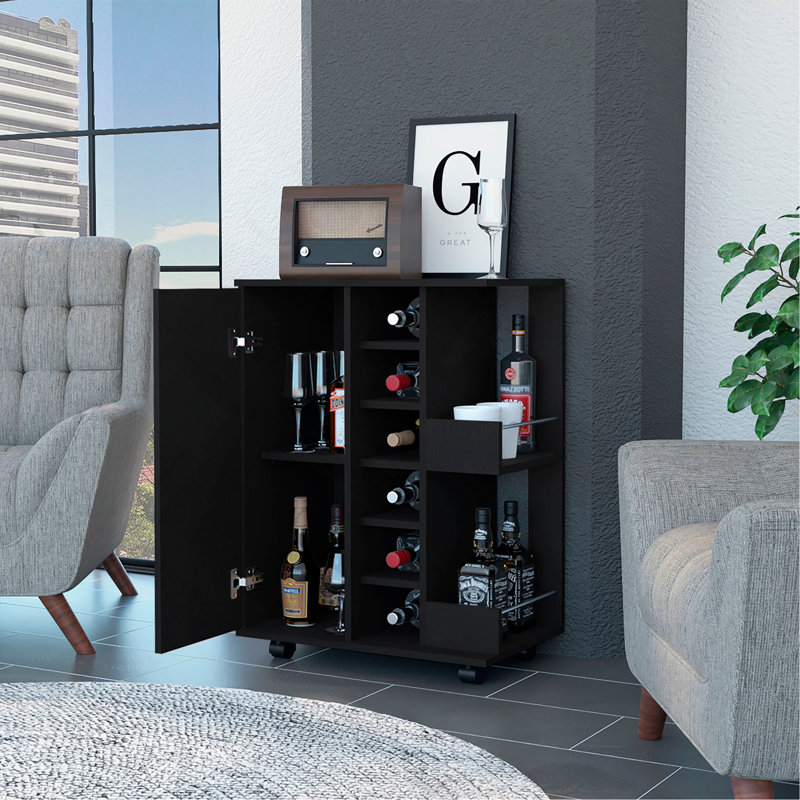 Tennessee Bar Cart, One Cabinet With Division, Six Cubbies For liquor, Two Shelves, Black, MDF