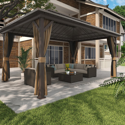 Pavillon de jardin en aluminium 12 pi x 16 pi avec double toit en acier, moustiquaire et rideaux
