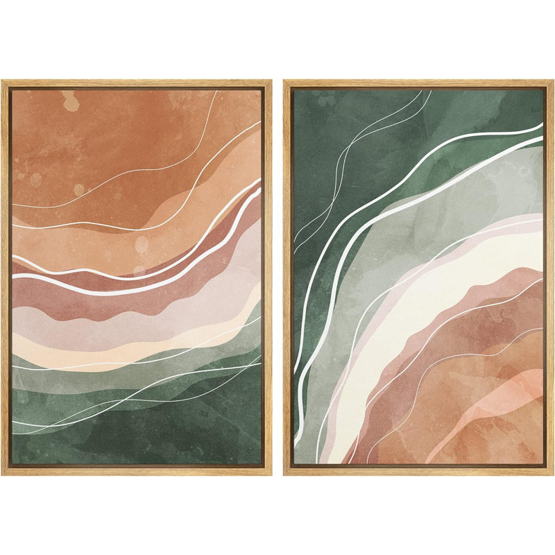 «Green and Brown Watercolor Color Waves Abstract Shapes Modern Chic on Canvas», reproduction de 2 pièces