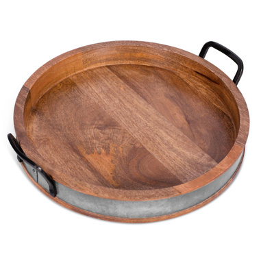 Plateau de service en bois BIRDROCK avec poignées - Accents de fer - Plateaux de petit-déjeuner à baril rond - Planche à fromage - Table basse - Bois naturel avec fer - Cuisine - Bar - Grand