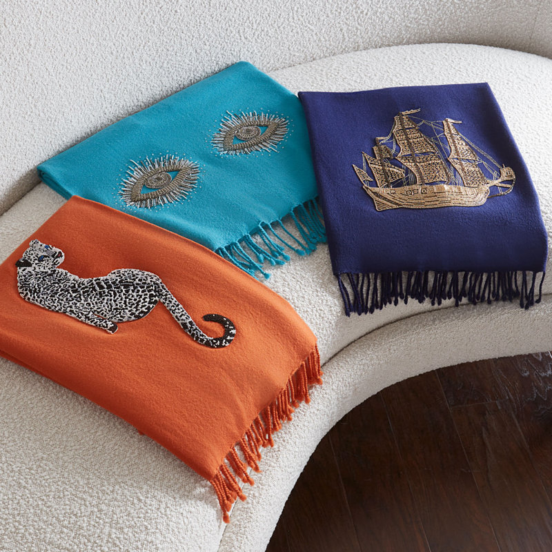 Navy Blue Hand Woven Wool Throw with Ship Embellishment