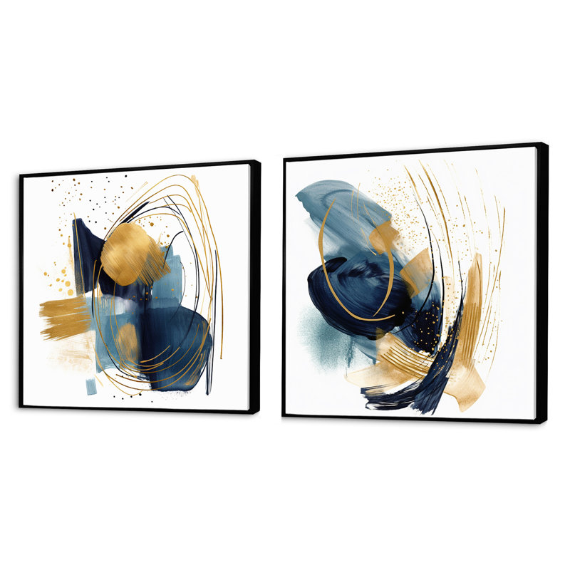 Charlize - Ensemble de 2 collages carrés géométriques modernes, Cadre flottant noir, H 16 po x l 33 po