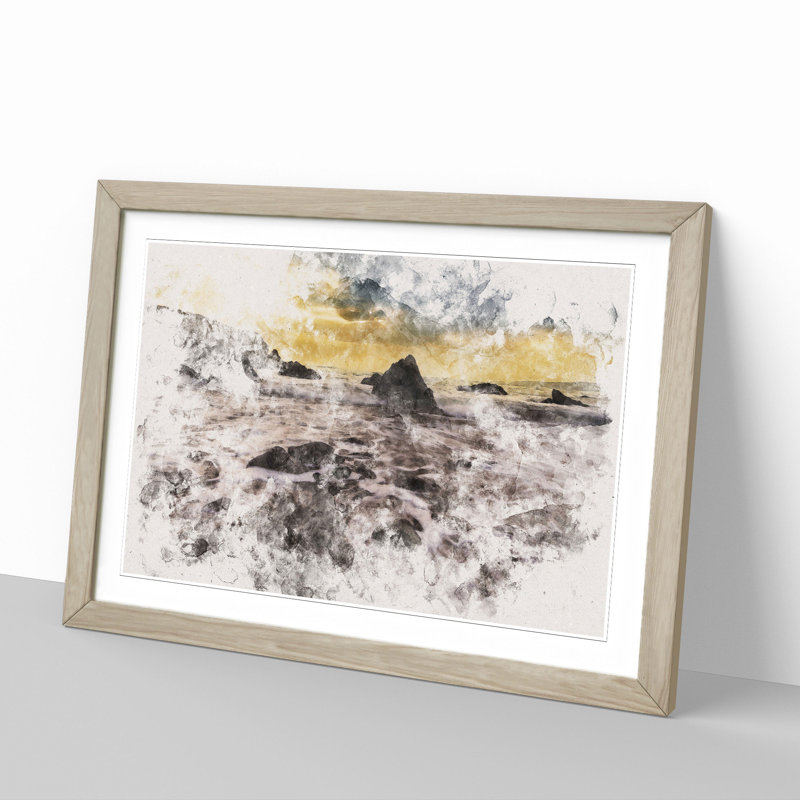 Beach and Rocks Watercolour - Picture Frame Graphic Art, Oak, 27cm H x 36cm W x 2cm D