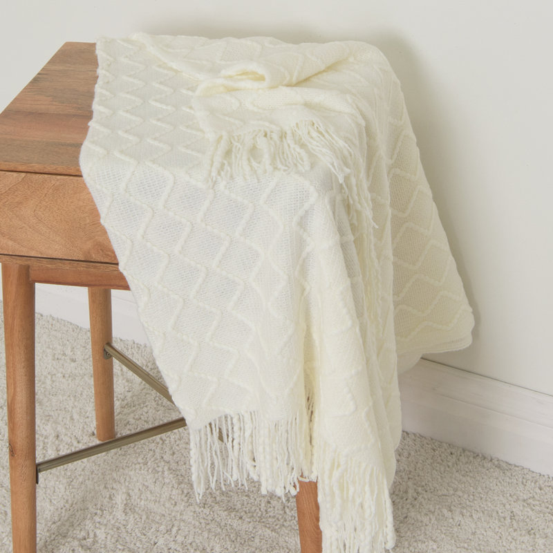 Cozy Ivory Textured Diamond Knitted Throw 50" x 60"