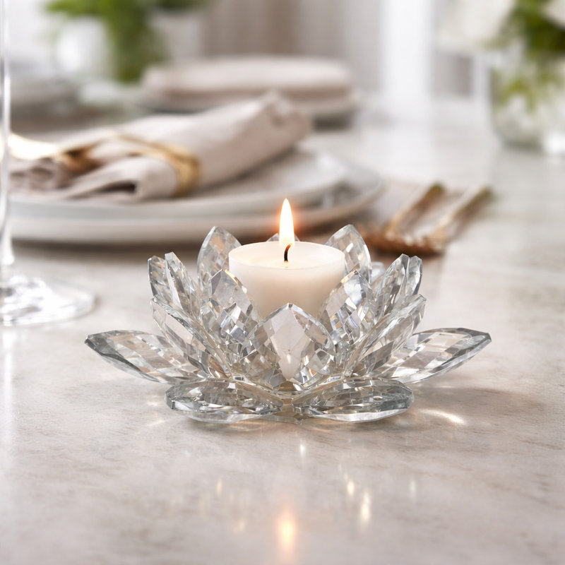 Iridescent Glass Crystal Lotus Votive Candle Holder, 3" H x 8.25" W x 8.25" D, Silver