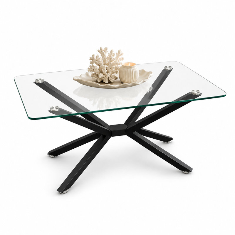Modern Tempered Glass Coffee Table with Metal Base, Rectangular Living Room Dining Table, Transparent, Black
