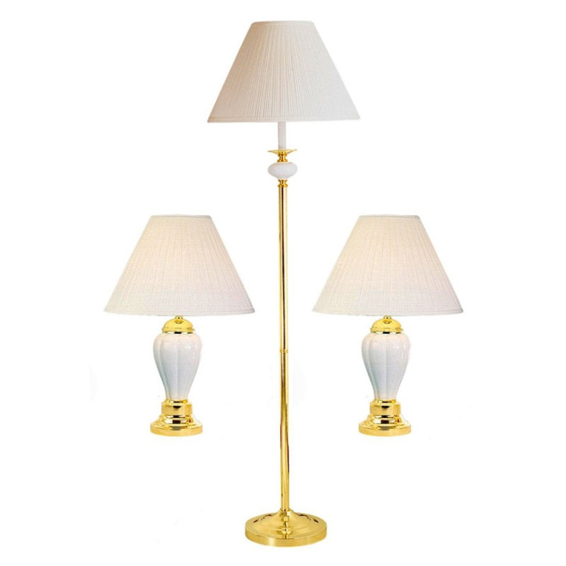 Set Of Three 64" Gold And White Ceramic Bedside Floor And Table Lamp Set With Off White Empire Shade