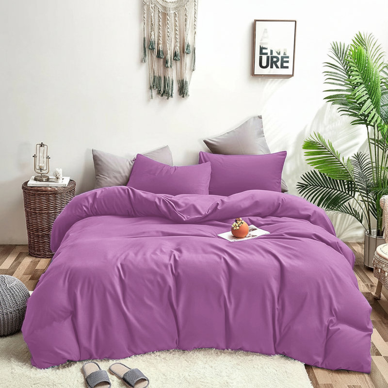 Plain Dyed Microfiber Duvet Cover Set with Pillowcases (3-Piece), Purple, Single Duvet + Additional Piece