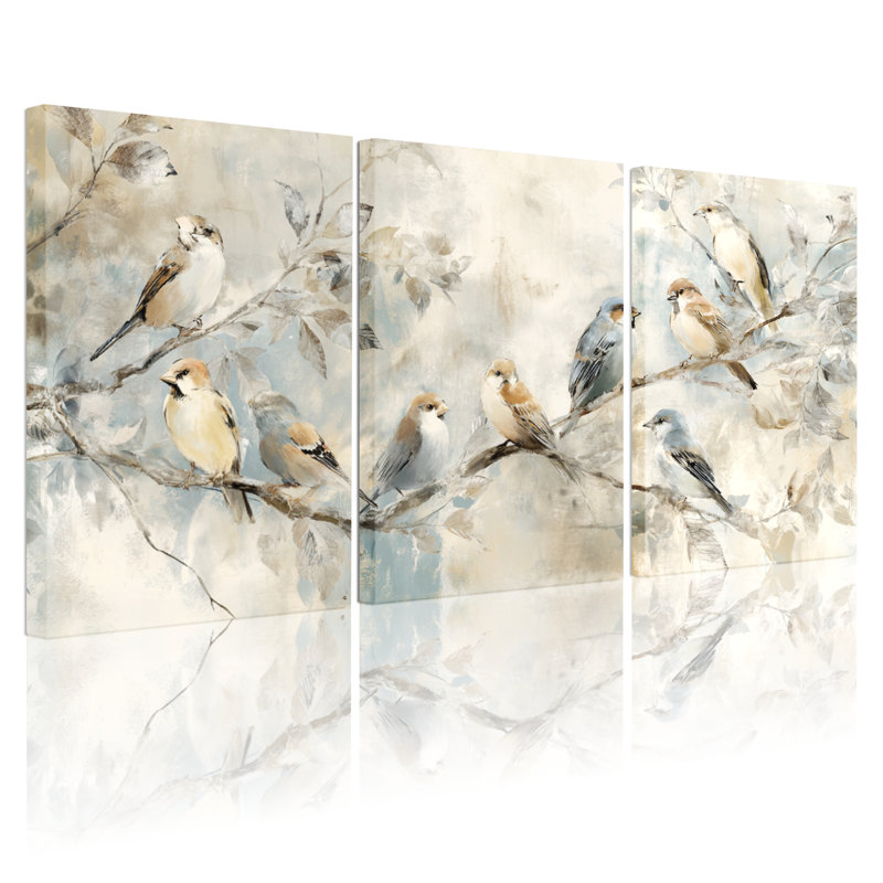 Ensemble de 3 tableaux muraux de style aquarelle « Oiseaux sur des branches » sur toile tendue, H 18 po x l 36 po