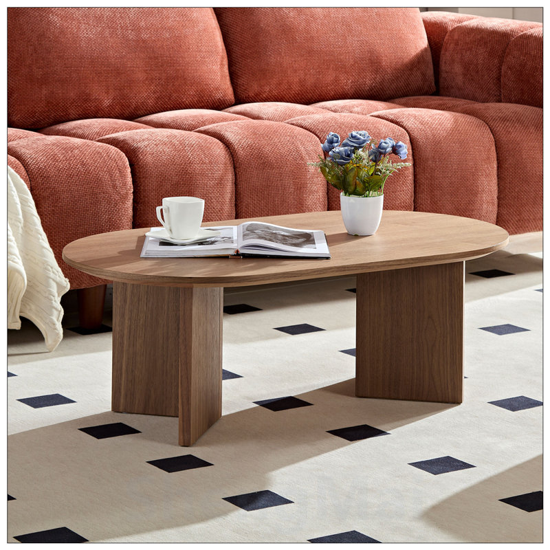 Longueur de la table basse ovale moderne en panneau de fibres à densité moyenne, base piédestal robuste pour les petits espaces de vie, idéale pour un appartement ou une chambre à coucher