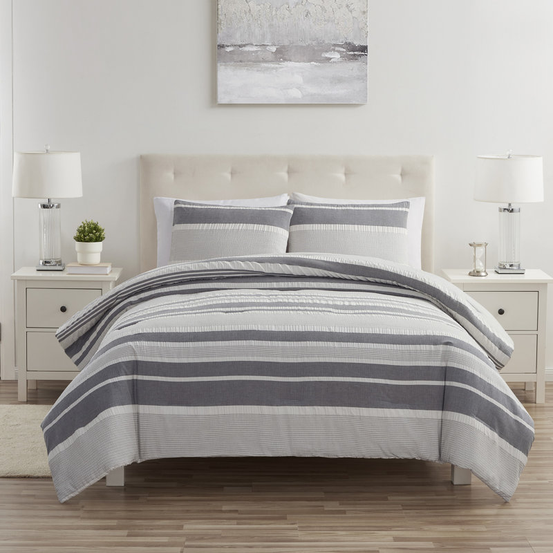 Ensemble d'édredon en coton tissé à rayures 3 pièces Ella, Gris anthracite, Édredon double / grand + 2 taies décoratives sta
