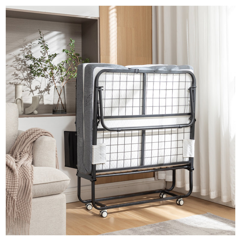 Lit d'invité pliant avec matelas, lit pliant portatif avec sac de rangement, structure en métal noir