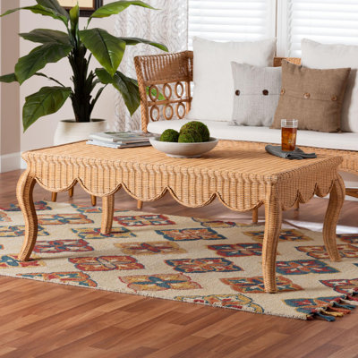 bali & pari Deborah Natural Rattan Coffee Table - Handwoven Wicker Accent Table with Cabriole Legs, Scalloped Coastal Cottage Living Room Centerpiece