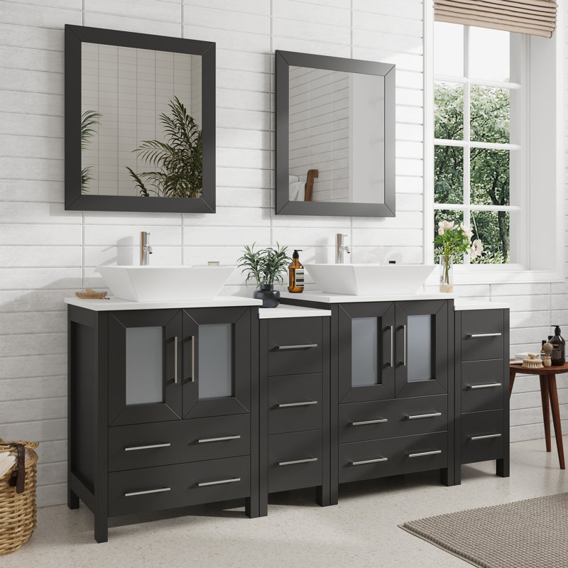 Ravenna 72" Freestanding Double Sink Bathroom Vanity with Engineered Marble Top and Matching Mirrors, Espresso