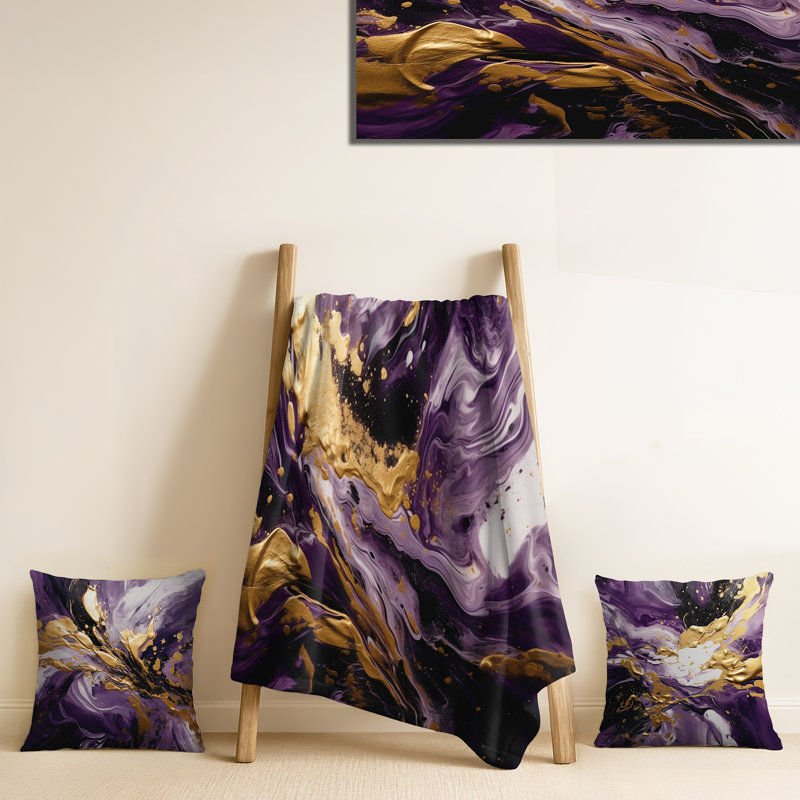 Mauve et or liquide Magic I - Ensemble de jeté abstrait et oreiller, Throw blanket with two pillows (3-piece set)