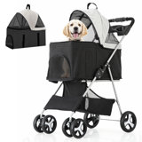 Folding Pet Stroller, Foldable Dog Jogger Stroller with Detachable Carrier, Basket and Cup Holder