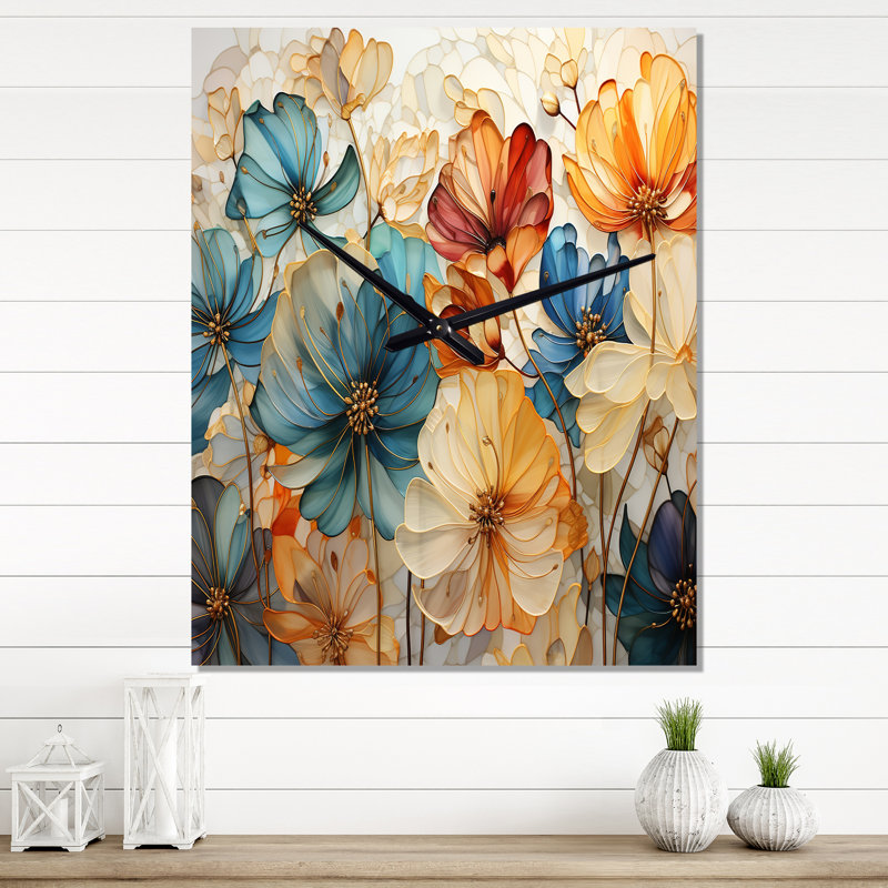 Horloge murale sarcelle pétale orange II - Botanicals abstraits, H 32 po x l 24 po x P 1 po