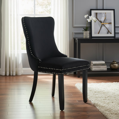 2 Upholstered Wingback Dining Chairs With Stitched Nailhead Decoration And Solid Wood Legs, Modern Texture, Beige