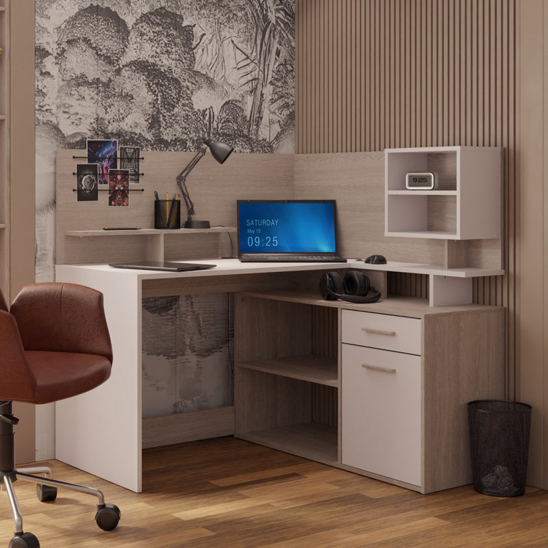 Senovio L-Shaped Writing Desk, White/Light Oak