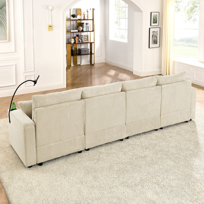 Canapé moderne à 4 places avec rangement, canapé à assise profonde avec porte-gobelets et porte-téléphone, canapé en velours côtelé beige pour le salon
