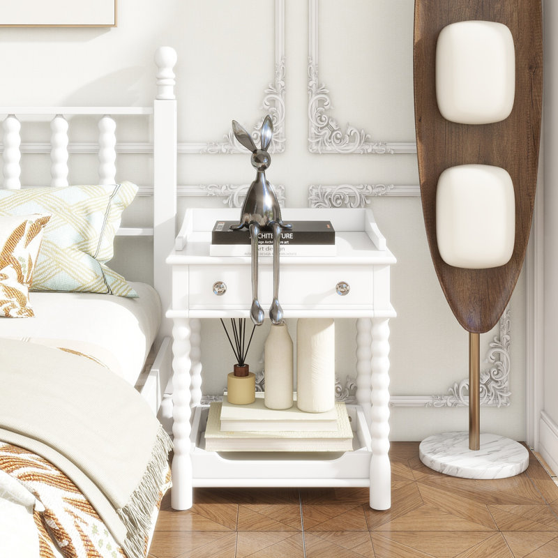Retro Style Nightstand With Drawer And Open Shelf For Bedroom, Bedside Table With Turned Legs And Metal Handle,, White