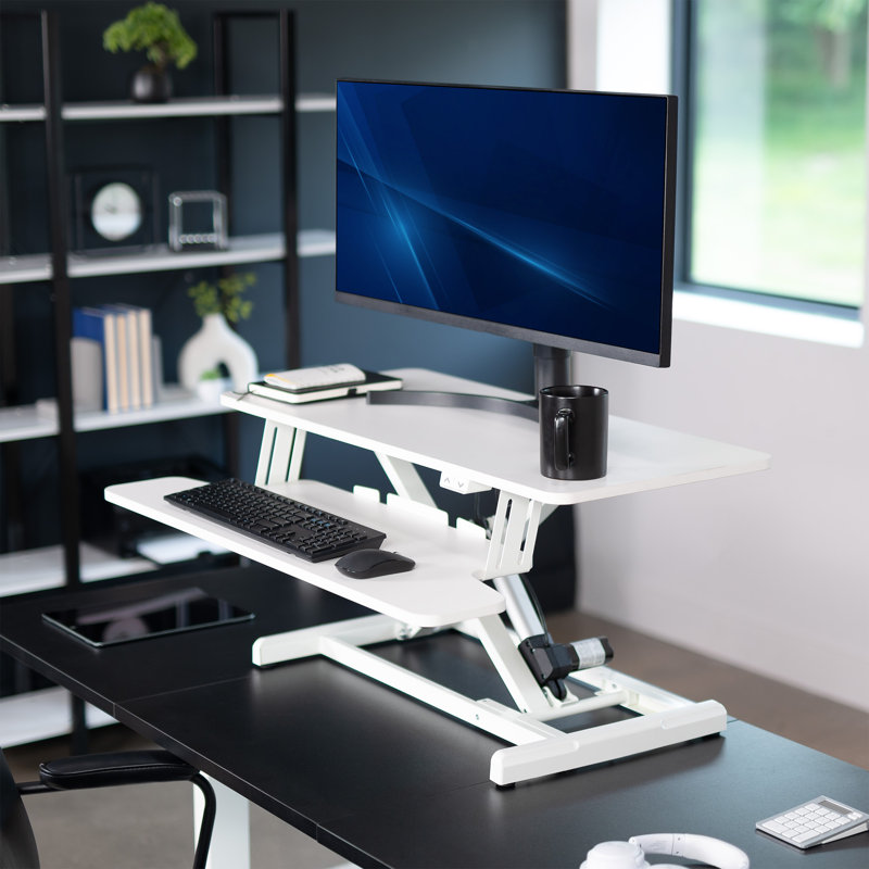 VIVO White Electric 36" Standing Desk Monitor Riser, Dual Arm Sit Stand Tabletop, White