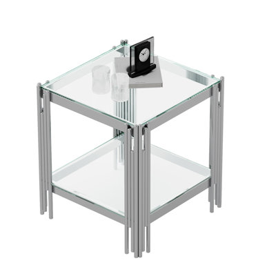 Modern Tempered Glass End Table With Silver Stainless Steel - Maximize Storage, And Shiny Surface Luxury Expanded Easy To Keep Clean