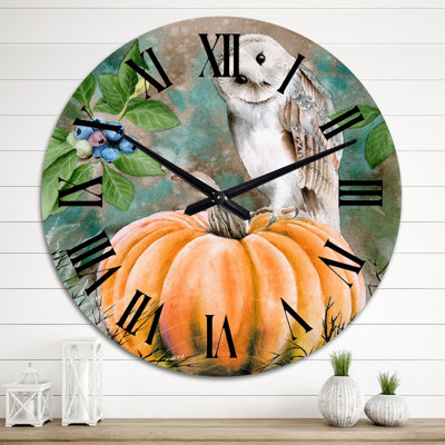 Barn Owl Sitting on a Pumpkin - Farmhouse Wall Clock
