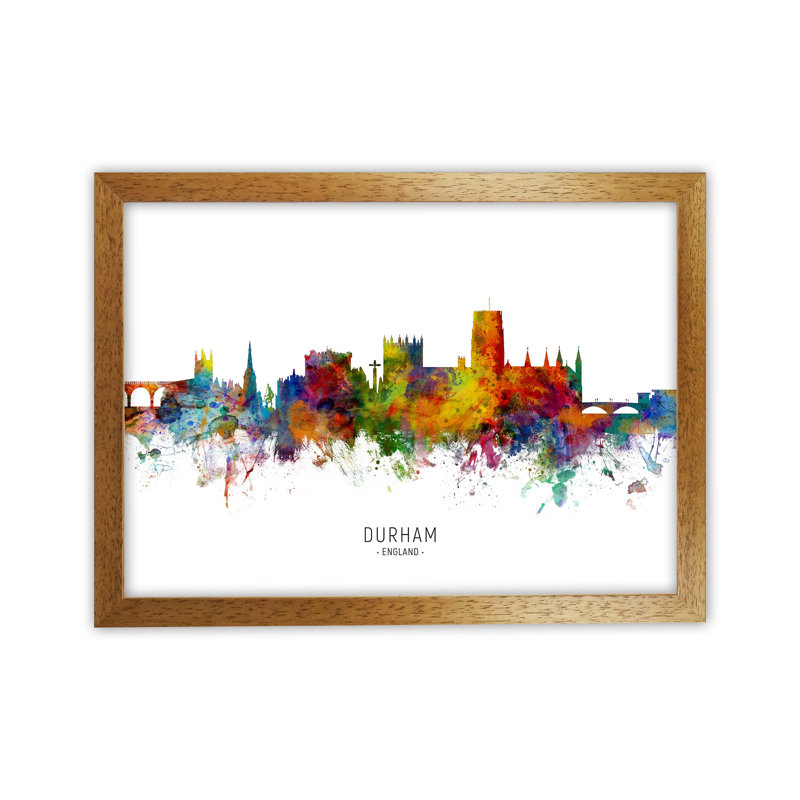 Durham England Skyline by Michael Tompsett - Print, 25cm H x 34cm W x 3cm D, Brown Framed