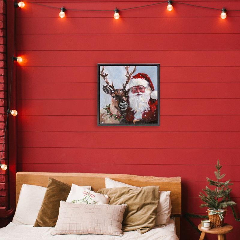 Cadre flottant Rosy Cheeked Santa & Reindeer, design par Sara Culpepper, H 18 po x l 18 po, Cadre flottant noir de jais