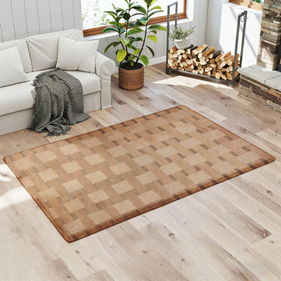 Soft Flannel Large Rug Anti-Slip Backing Checkered Brown Beige Pattern Design Absorbent Floor Carpet for Home Bedroom Living Room Bathroom Decor