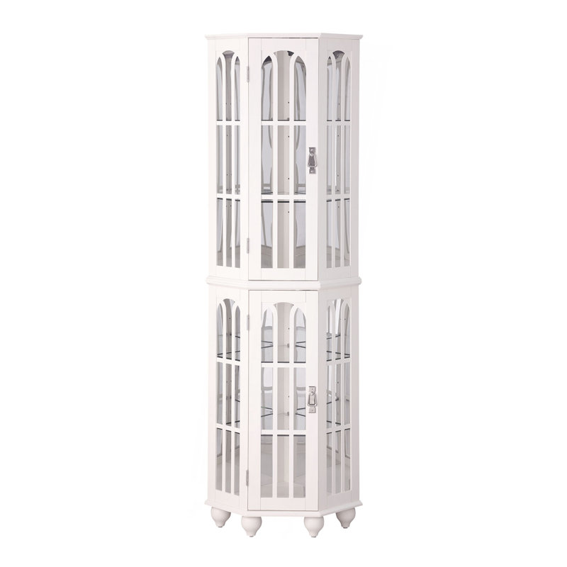 Corner Curio Cabinet With 4 Adjustable Tempered Glass Shelves And Lighting System, Solid Wood Legs,Acrylic Mirrored Back Panel(E26 Light Bulb Not Included)