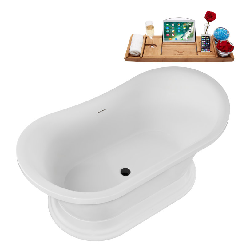 59" Streamline Soaking Acrylic Freestanding Bathtub, Bamboo Tray, Drain, Matte Black