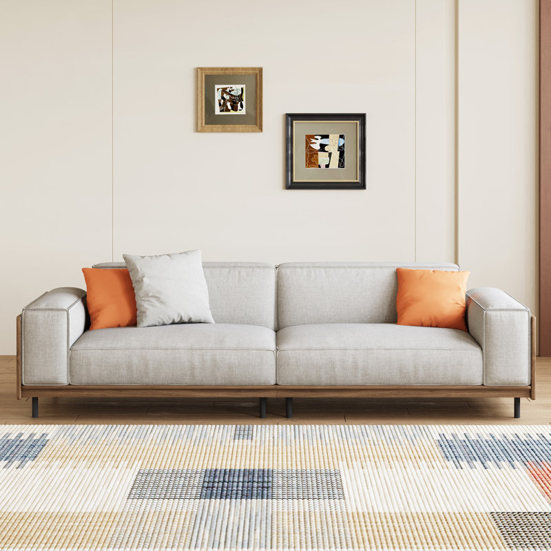 82.67 Inch Mid Century Modern Sofa 3 Seater Wood Frame Couch with Removable Washable Covers and 3 Throw Pillows Deep Seat Furniture for Living Room Apartment Office Grey