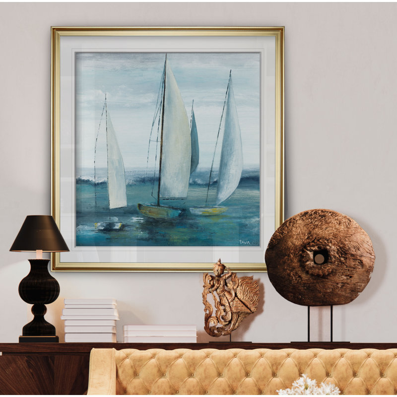 «Out to Sea», peinture, H 16 po x l 16 po x P 2 po, Cadre doré