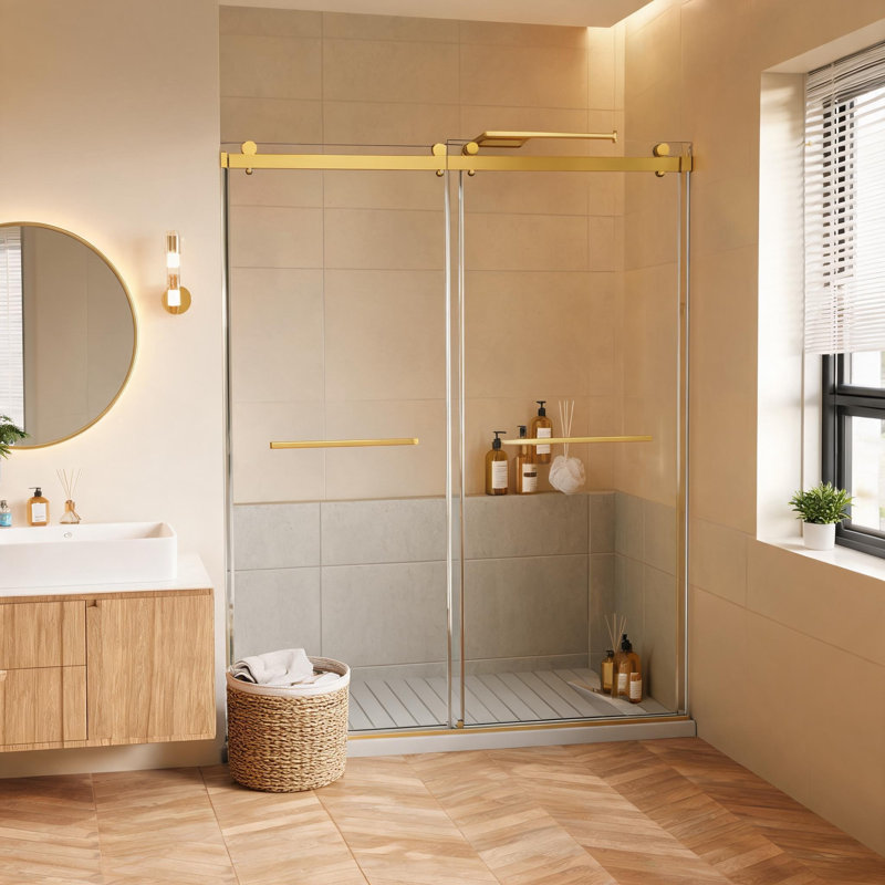 60 inch x 72 inch Gold Frameless Double Sliding Shower Door with 3/8 inch Thick Stainless Steel Tempered Glass