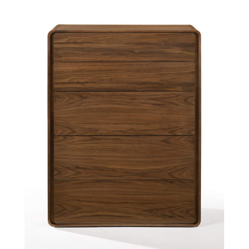 Walnut Mid-Century Modern 5-Drawer Dresser with Soft Close