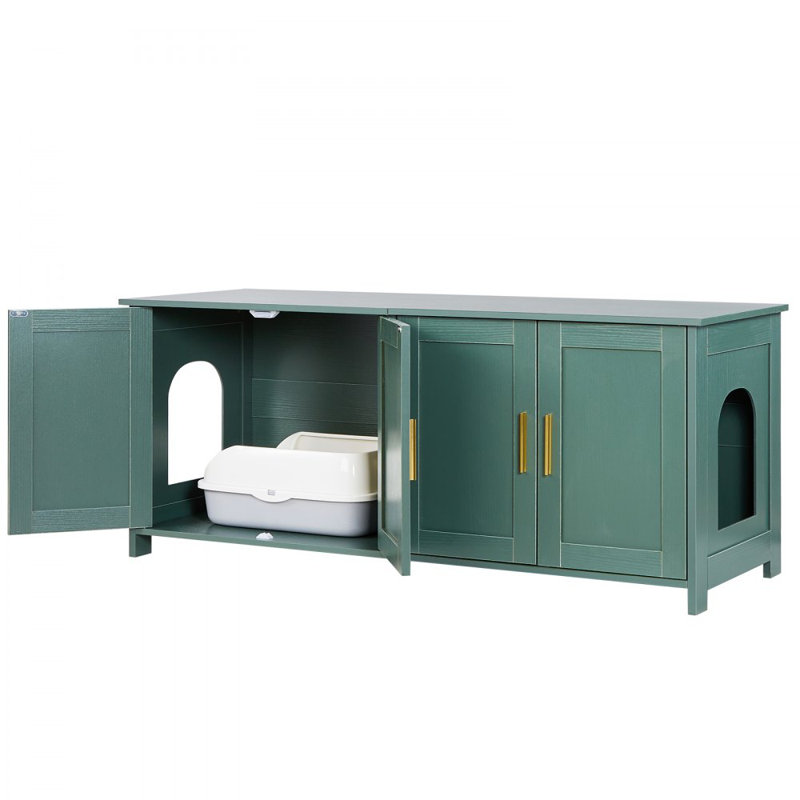 Enceinte de litière pour chats multi-chats, armoire à litière cachée 47,2 po avec 4 portes et 2 entrées, salle de bain pour chat d'intérieur, table d'appoint en bois pour chat, compatible avec la plupart des bacs à litière, vert