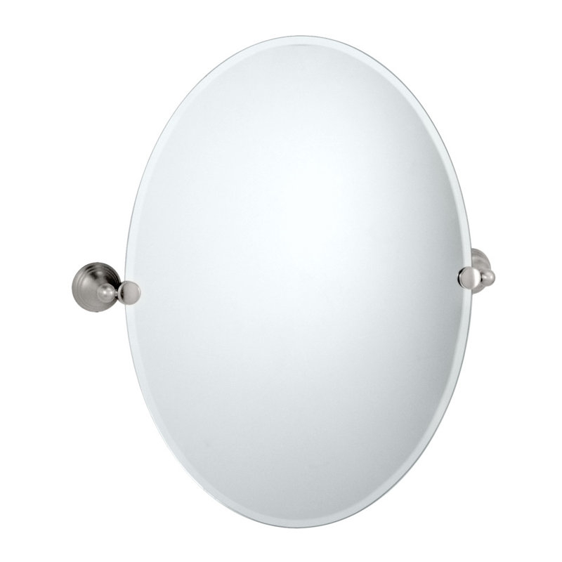 Charlotte Frameless Oval Wall Mounted Mirror | Bathroom Vanity Pivot Mirror, Satin Nickel, 26.5" H x 24" W