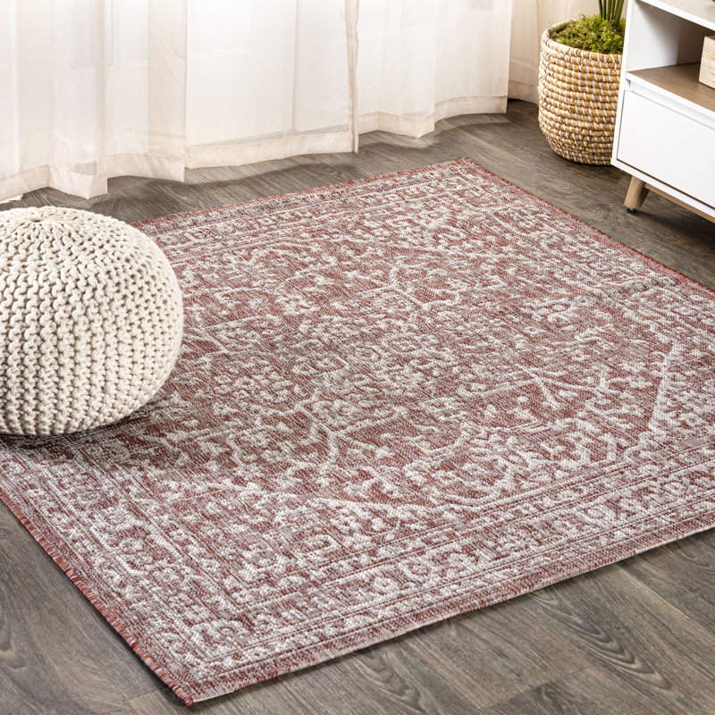 Massimo Bohemian Medallion Textured Weave Red/Taupe Indoor/Outdoor Rug, Square 5'3"
