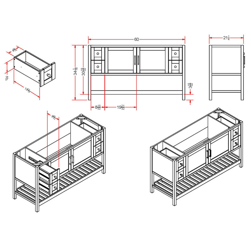 Caitline 60" W Modern Shaker Soft Close Doors Vanity Cabinet with Open Storage Shelf
