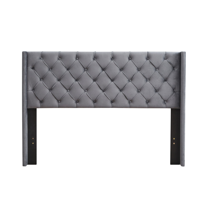 Velvet Button Queen Bed - Solid Wood Slat Foundation Charcoal Gray Platform With Detail And Dependable Base, Queen
